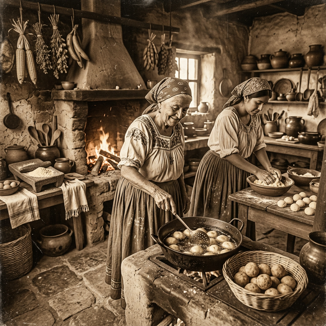 Traditional cooking of buñuelos in a warm antique kitchen