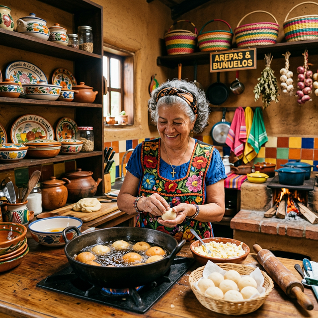 Colombian grandmother making buñuelos