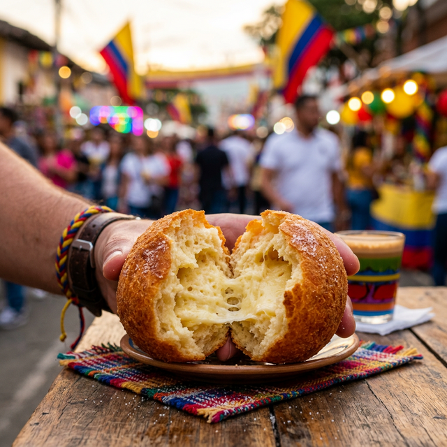 Close-up of a broken golden buñuelo with cheese